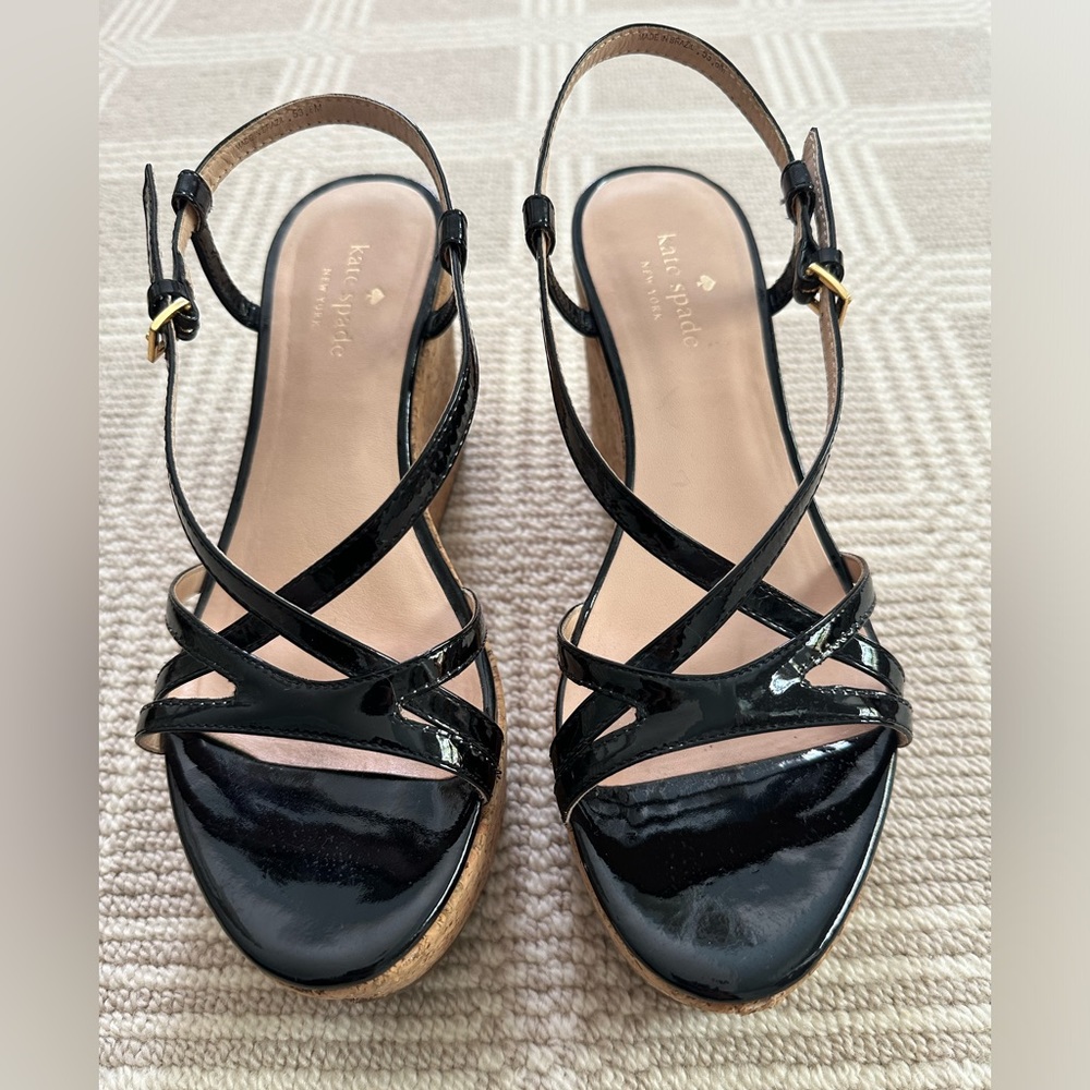 Kate Spade Black Patent Leather Strappy Cork Wedges Size 8M